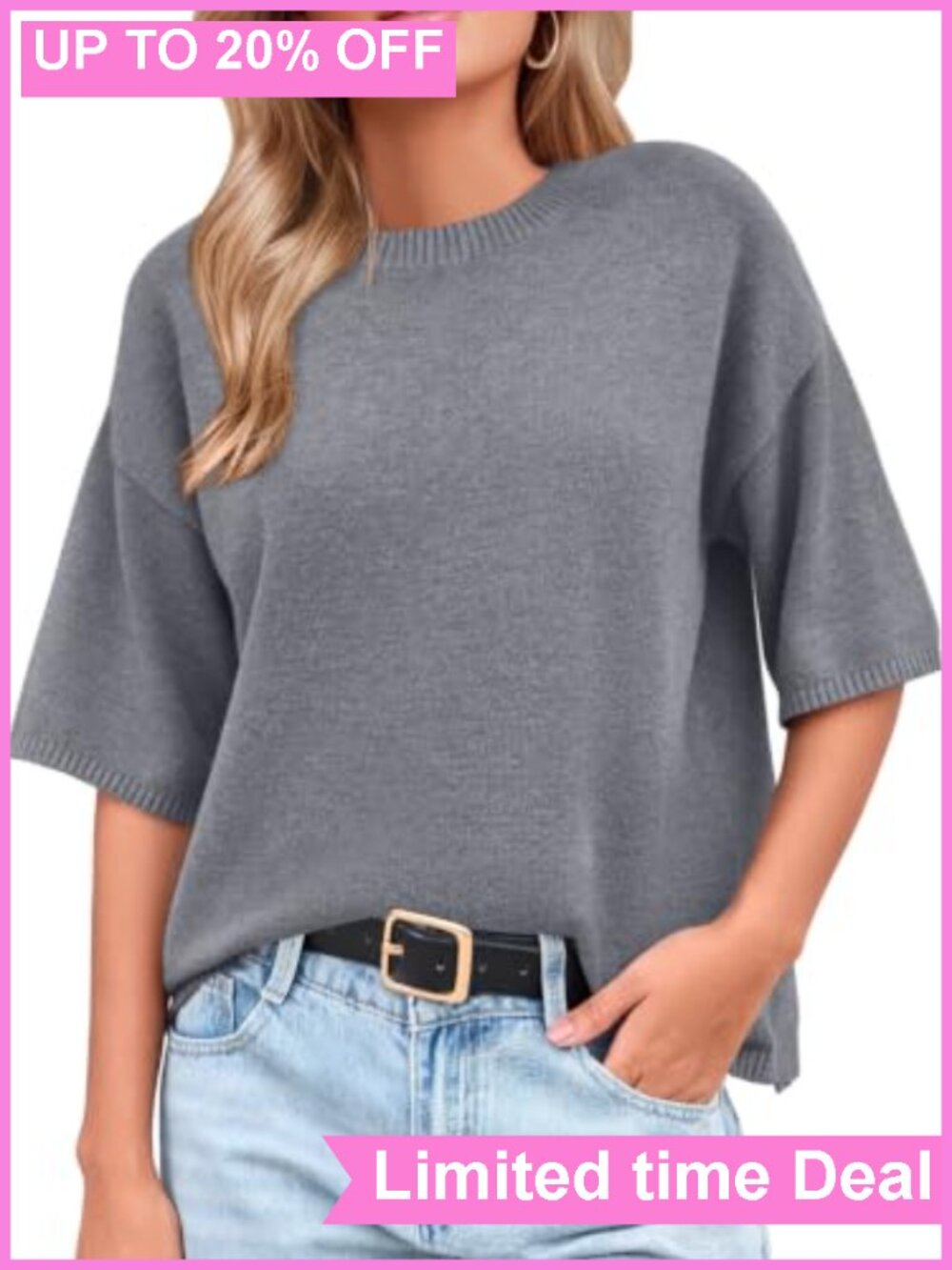 Womens Short Sleeve Oversized Crewneck Cozy Knit Sweater Pullover Top